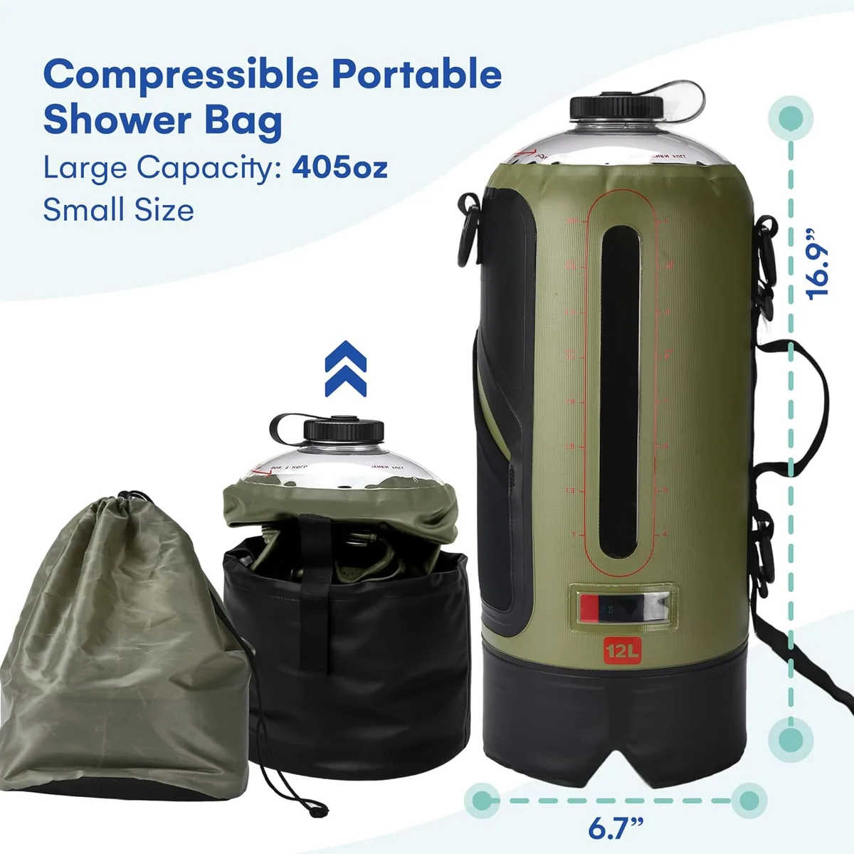 HappyPo Camping Shower with Foot Pump: capacity and size: 405 oz, 16.9 by 6.7 inches, photo 2