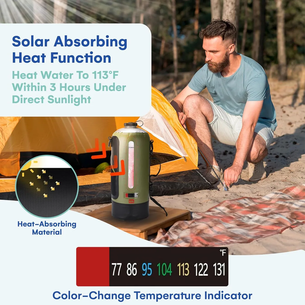 HappyPo Camping Shower with Foot Pump: black heat-absorbing side and the temperature strip, photo 3