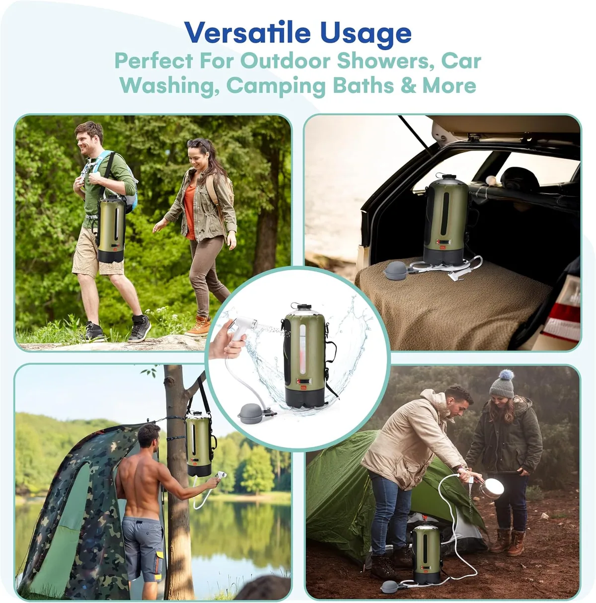 HappyPo Camping Shower with Foot Pump: the shower at a campsite, by a car and at a tent, photo 6