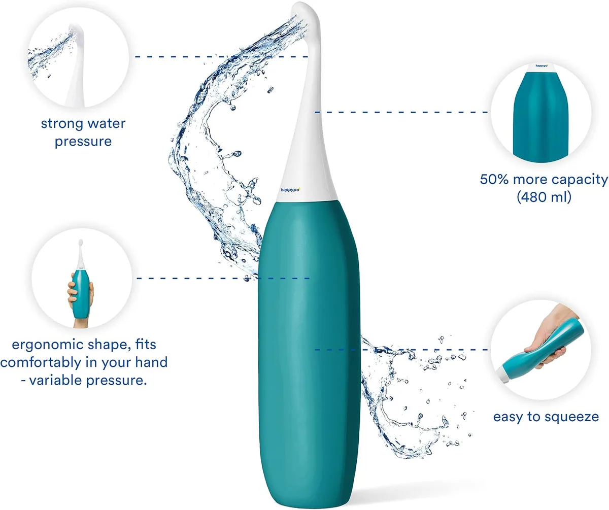 HappyPo Easy-Bidet 2.0 Duo Set, White Original and XL: feature callouts on the XL bottle: 480 ml, shape, squeeze, photo 3