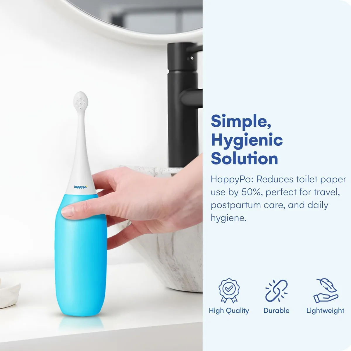 HappyPo Easy-Bidet 2.0 Original: light blue bottle standing by a bathroom sink, photo 8