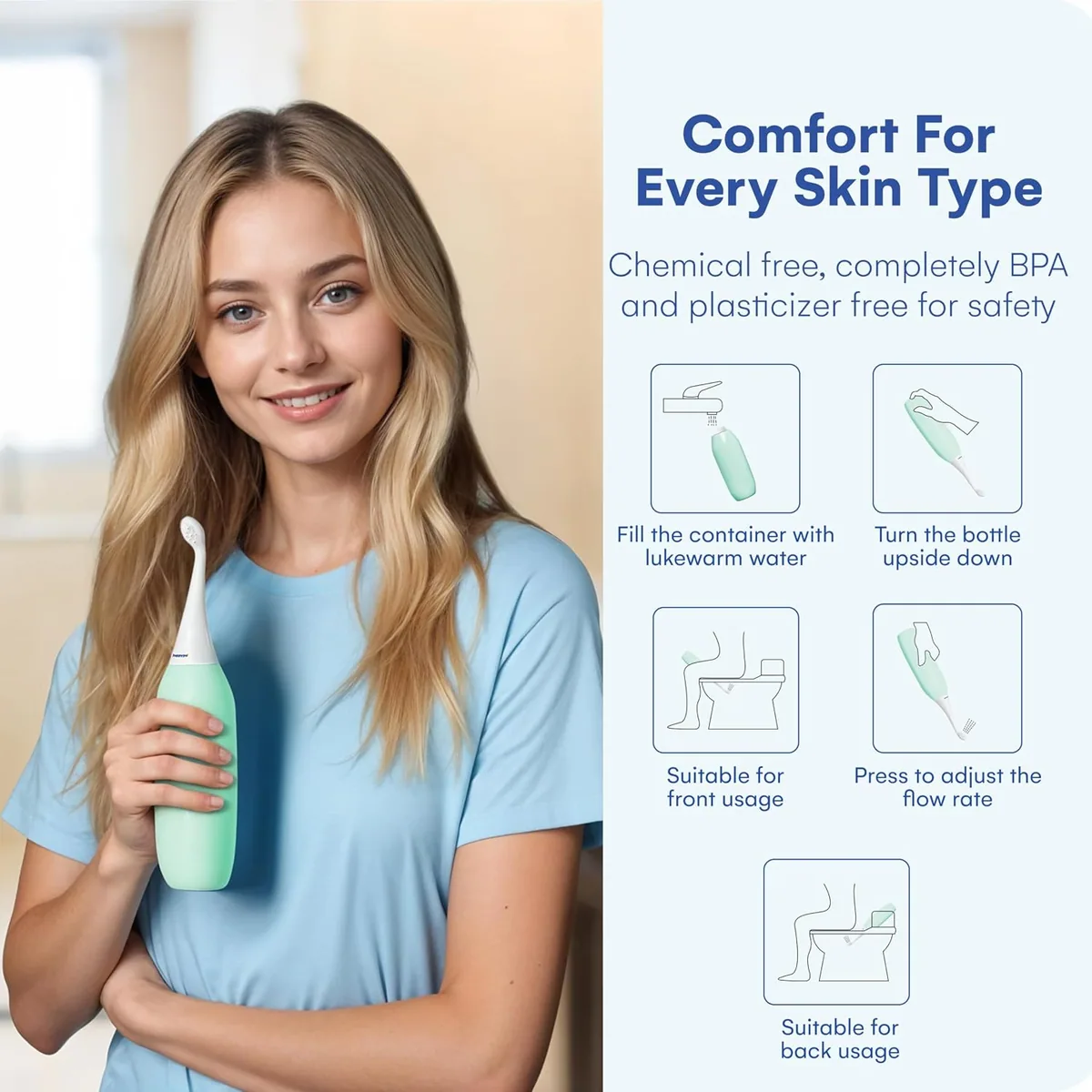 HappyPo Easy-Bidet 2.0 Original: mint bottle in hand with the usage pictograms, photo 9