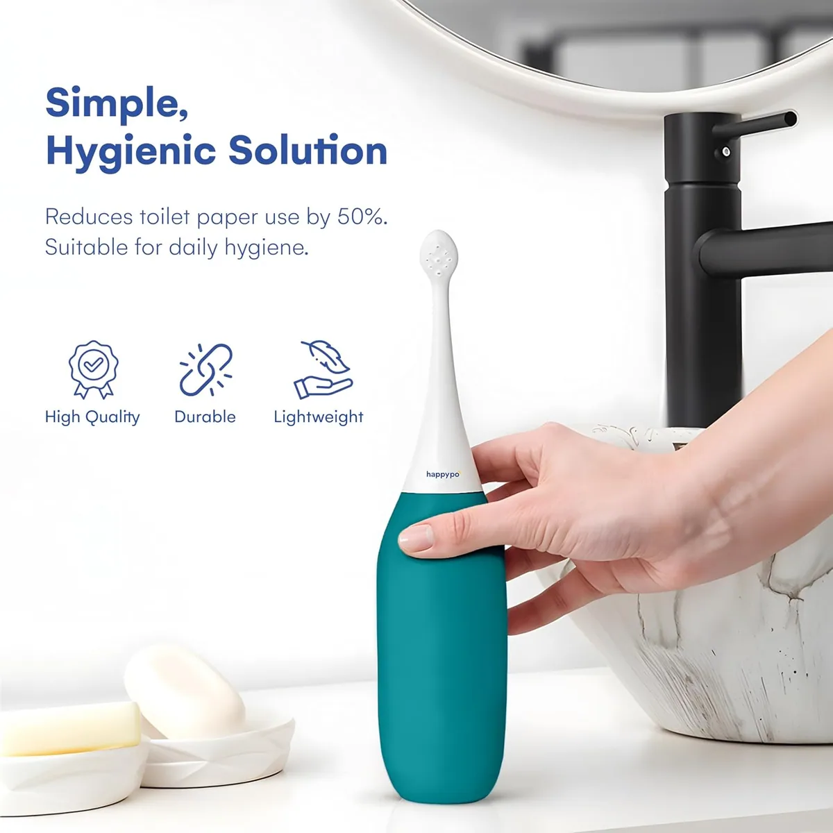 HappyPo Easy-Bidet 2.0 XL: XL bottle standing by a bathroom sink, photo 5
